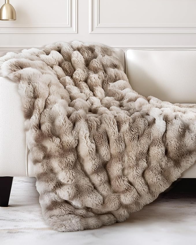 Ultra Soft Cozy Faux Fur Throw Blanket, Fuzzy Plush Thick Bubble Blanket, Oversize Luxury Fluffy Blanket for Couch, Bed, and Living Room, 60x80 Inches, Tie-Dye Light Taupe