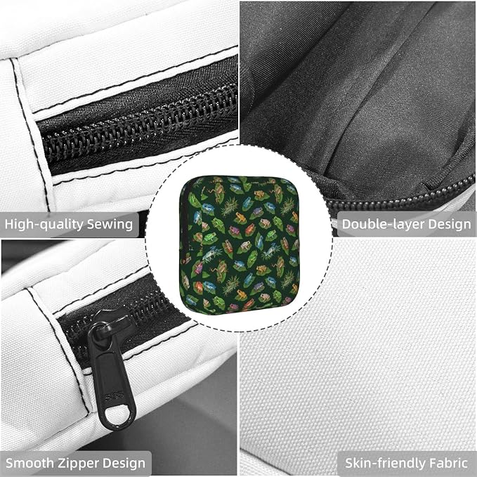 Pocket Sized Sanitary Napkin Pouch Frogs On Leaves Green Art, Anti Dust Material, Convenient Storage Holder for Women Period Essentials Outdoor Use