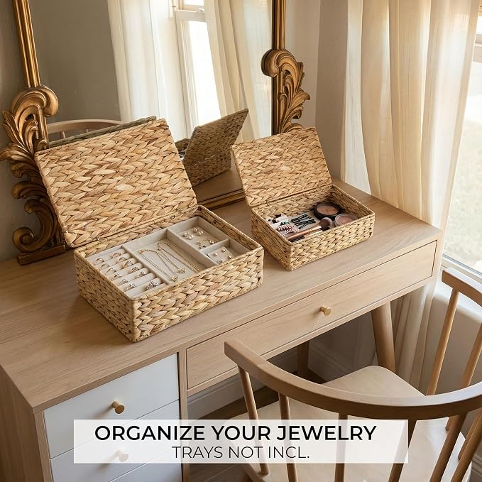 ZICOTO Decorative Storage Boxes with Lids - Set of 2 Wicker Organizer Bins | Beautiful Rattan Design for Shelves and Home Decor - Safely Store Photos, Documents and Memory Box Keepsakes in Style