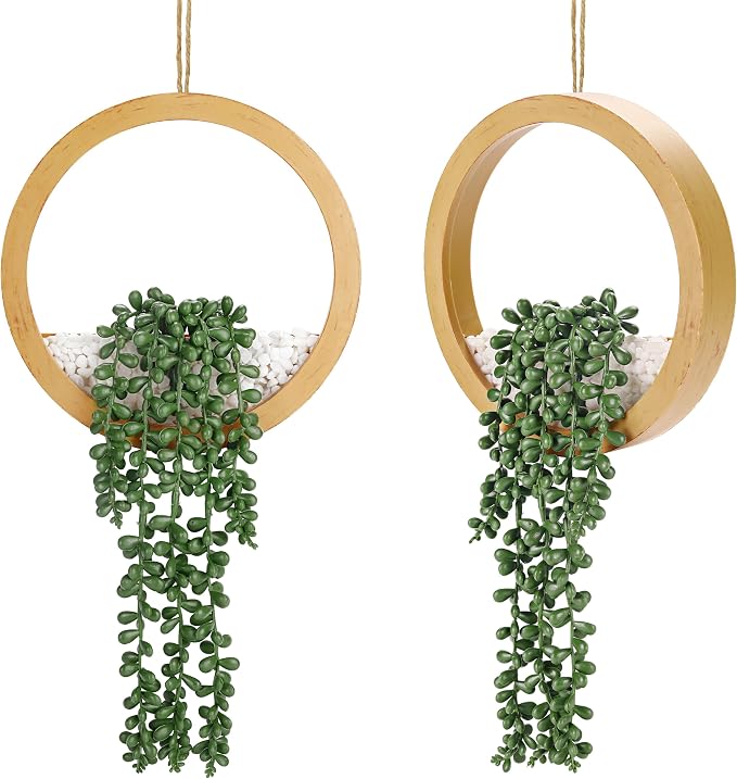 Der Rose 2 Pack 15" Fake Hanging Plants in Wood Tone Pots for Boho Decor | Cascading string of pearls, warm wood-look planters, included ropes suitable for bathroom bedroom living room boho wall decor