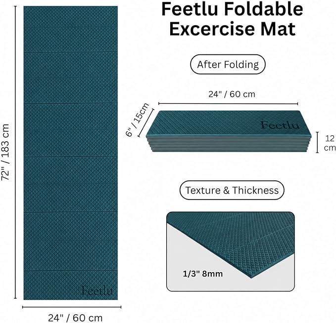 Foldable Yoga Exercise Mat, 6mm/8mm/10mm/12mm Thickness, 72 x 24 Inch - Lightweight, Anti-Slip, and Easy to Store for Yoga, Pilates, Home Workouts, and Floor Exercises