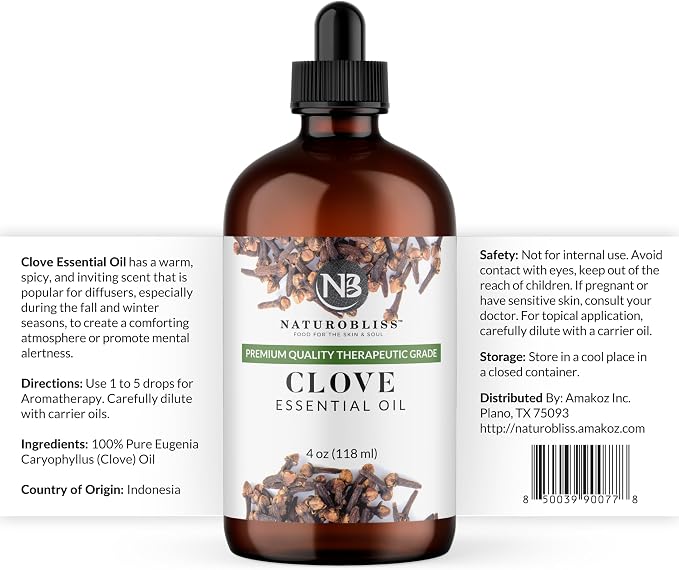 NaturoBliss Clove Essential Oil 4 oz – 100% Pure Clove Bud Oil for Aromatherapy, Diffuser & Humidifier Use, Warm Spicy Scent for Home Fragrance, Large Amber Glass Bottle