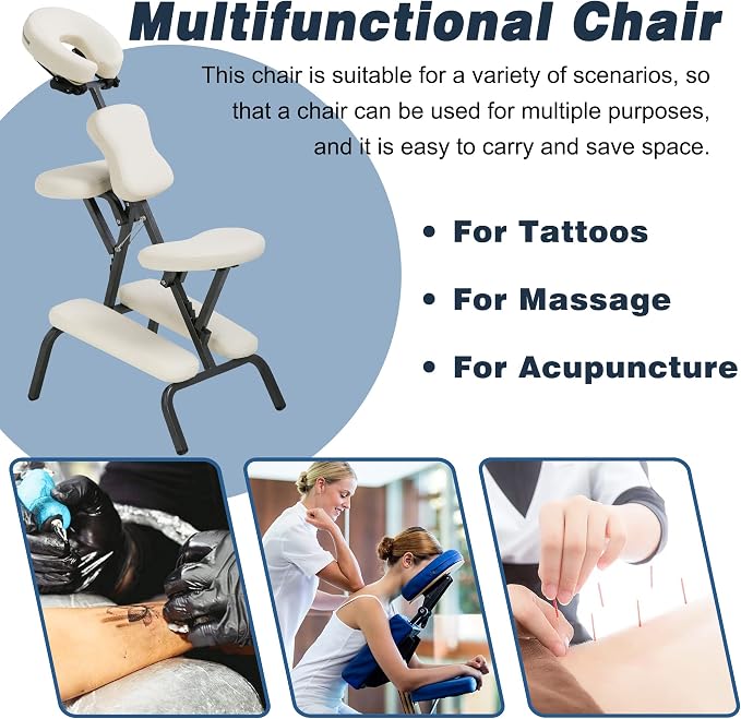 Portable Massage Chair for Tattoo and Spa Foldable Massage Therapy Chair with Adjustable Face Cradle High-Density Cushion Lightweight Design with Carrying Bag Ideal for Salon Use (Cream)