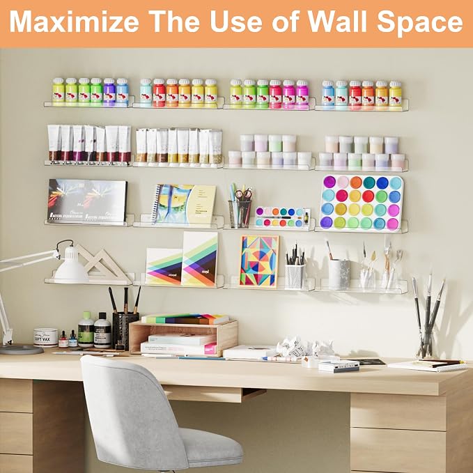 upsimples 16 Pcs 15" Acrylic Shelves for Wall Storage and Organizer, Clear | Transparent Design Highlights Skincare, Perfume, Easy-to-Find Versatile Floating Shelves for Bathroom, Bedroom and Playroom