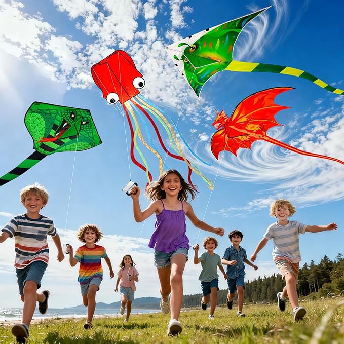 4 Pack Kites - Large Fire Dragon Kite Green Snake Devil Fish Red Mollusc Octopus with Long Colorful Tail for Kids Adults Beach Toy Gifts Outdoor Game Activities