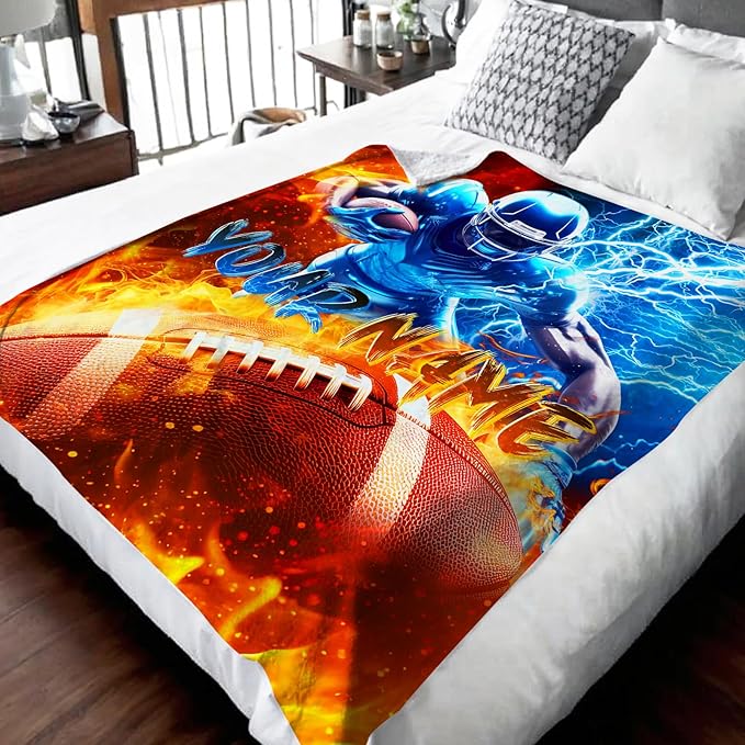 Boys Blanket Personalized Football Throw Blankets Gift for Kids Teens - 40x50 Inches Cozy Soft Custom Sport Theme for Couch Sofa Bed Office