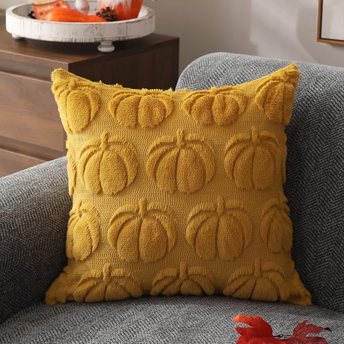 DFXSZ Fall Pillow Covers 20x20 2Pcs Yellow Pumpkin Fall Decoration for Home | Fall decor Set of 2 Throw Pillow Cases Soft Plush Faux Fur Wool Couch Cushion for Chair Sofa Bedroom Living Room Home Decor