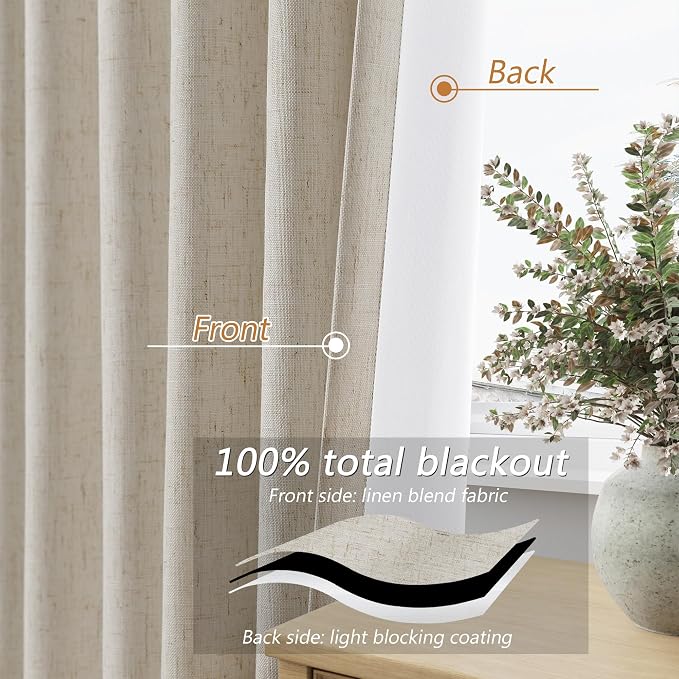 Guken Extra Long 100% Blackout Linen Curtains for Bedroom 108 inches Long, Thermal Insulated Room Darkening Black Out Drapes for Living Room, Back Tab Rod Pocket 2 Panels Set,Grey Beige,52x108