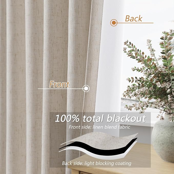 Guken 100% Blackout Linen Curtains for Bedroom 96 inches Long, Thermal Insulated Room Darkening Black Out Drapes for Living Room, Back Tab Rod Pocket 2 Panels Set,Farmhouse,52x96