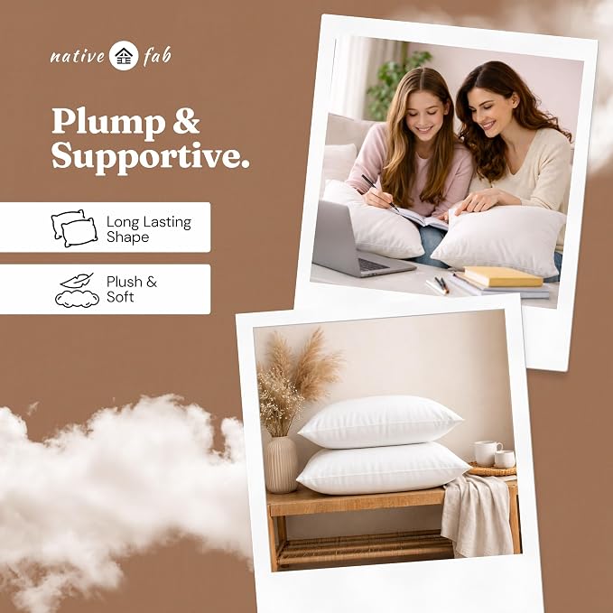 Native Fab Decorative Pillow Inserts, Pack of 4, 20x20 Inches, White Polyester, Premium Cushion Fillers for Living Room, Sofa, Bed, Chair, Plush Support & Luxurious Home Décor Accent