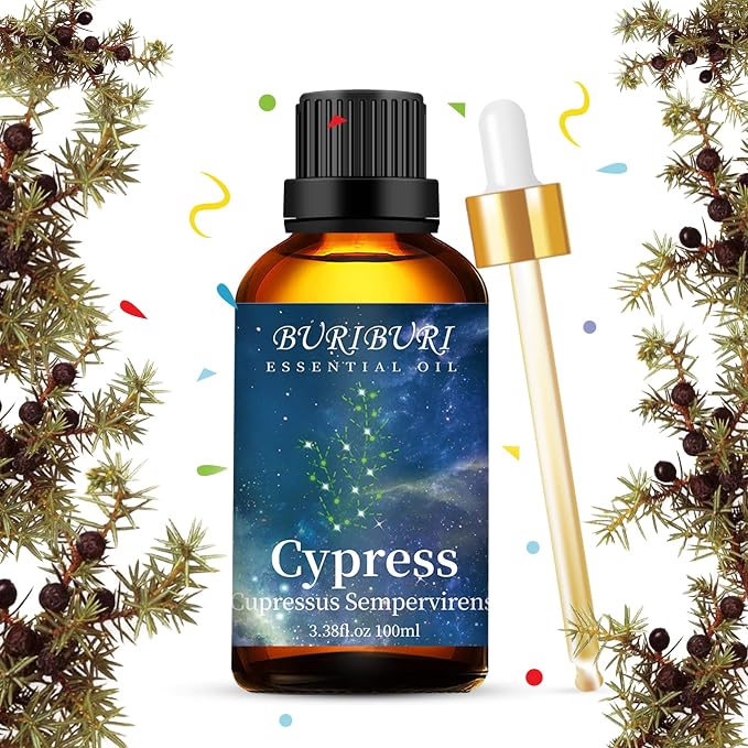 BURIBURI 100ML Cypress Essential Oil, 100% Pure Undiluted Aromatherapy Cypress Oil 3.38fl.oz for Soap, Candle Making, Massage, Diffuser, Humidifier