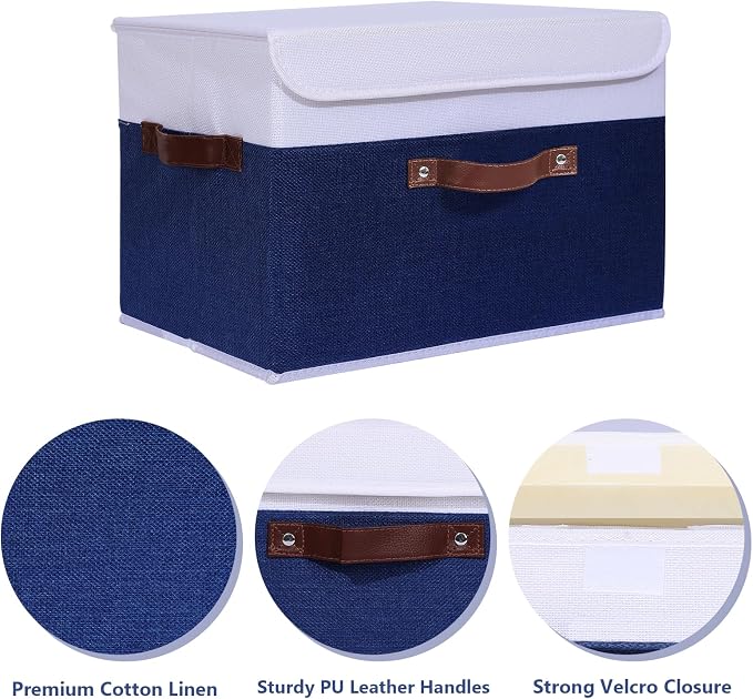 ANMINY Fabric Storage Box Bins with Lids, Blue White, 15"x10"x10", 4 Pack | Keepsake Memory Storage, Cotton Linen, PP Board Reinforced, Washable, PU Handles, Foldable & Stackable, Decorative, Large