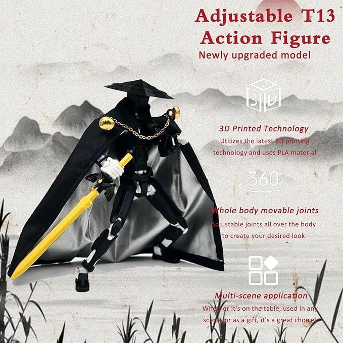 Assembly Completed T13 Action Figures,T 13 Action Figure, Robo 13 3D Printed Action Figure - The Ultimate Hero for Action-Packed Playtime,5.2 Inch (Swordsman-Black)