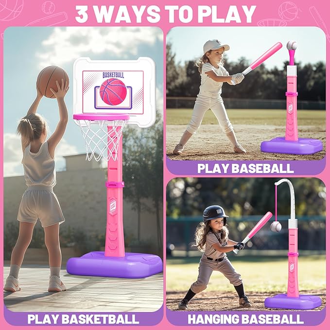 3 in 1 Kids Basketball Hoop and T Ball Set, Adjustable Height Toddler Basketball Hoop, Hanging Tee Baseball, Indoor Outdoor Sports Toys Gifts for Toddlers Boys Girls Ages 3 4 5 Year（Blue