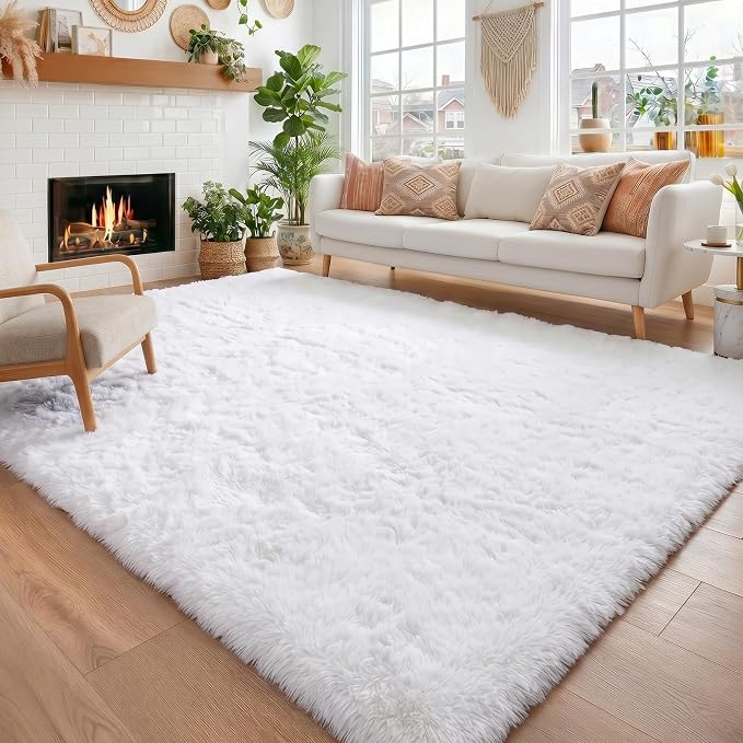 Amdrebio White Area Rugs for Bedroom, Shag Fluffy Rug for Living Room, Modern Furry Shaggy Throw Rug for Kids Room, Teen Girls, Dorm, Baby Nursery, Cute Fuzzy Fur White Carpet, 4x6 Rug, Home Decor