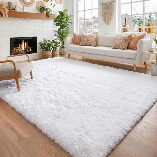 Amdrebio White Area Rugs for Bedroom, Shag Fluffy Rug for Living Room, Modern Furry Shaggy Throw Rug for Kids Room, Teen Girls, Dorm, Baby Nursery, Cute Fuzzy Fur White Carpet, 4x6 Rug, Home Decor