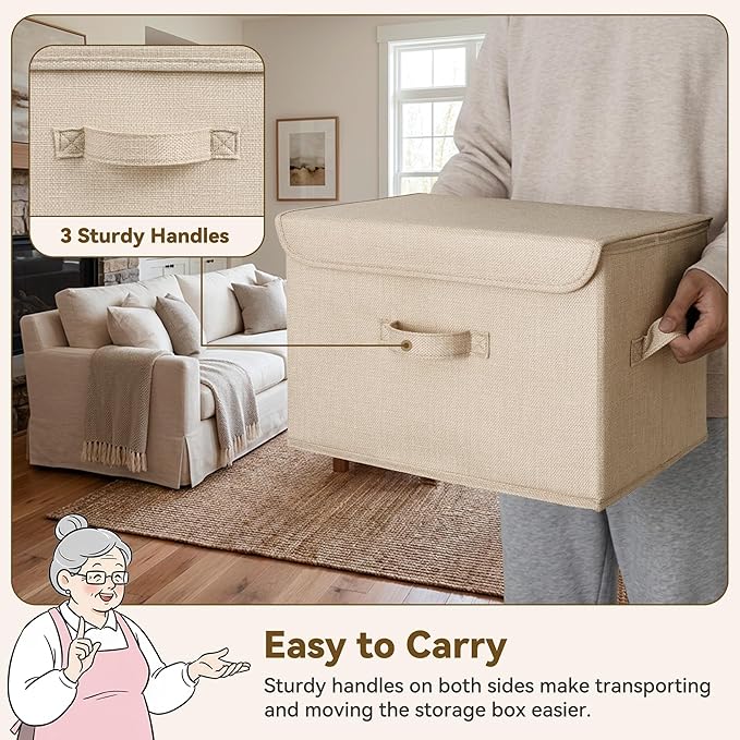 GRANNY SAYS Memory Keepsake Storage Box, Fabric Storage Bins with Lids | Flip-Top Lid, Collapsible, Stackable, 3 Handles, Ideal for Closet Clothes Blanket Toys, Large, Ivory White&Khaki, 2-Pack