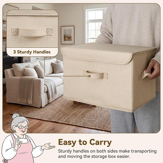 GRANNY SAYS Memory Keepsake Storage Box, Fabric Storage Bins with Lids | Flip-Top Lid, Collapsible, Stackable, 3 Handles, Ideal for Closet Clothes Blanket Toys, Large, Khaki, 2-Pack