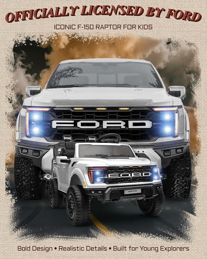 First Ride On 24V Kids Ride On Truck, Licensed Ford F-150 Raptor 2 Seater Electric Car w/Remote Control, Toddler Ride On Car Toys w/LED Lights, Bluetooth, Music, Truck Bed Storage, Soft Start (White)