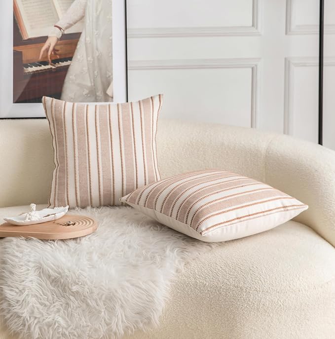 Cethom Decorative Boho Throw Pillow Covers, Farmhouse Textured Pillow Case, 20 x 20 Inch Set of 2, Chair Sofa Bedroom Living Room Home Decor Couch Cushion Case, Brown and Beige Striped