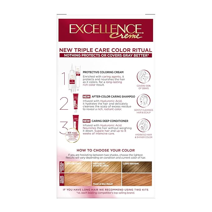 L'Oreal Paris Excellence Crème Permanent Hair Dye, Triple Care Hair Color with Hyaluronic Acid for 100% Gray Coverage, 8RB Reddish Blonde, 1 Kit (Packaging May Vary)