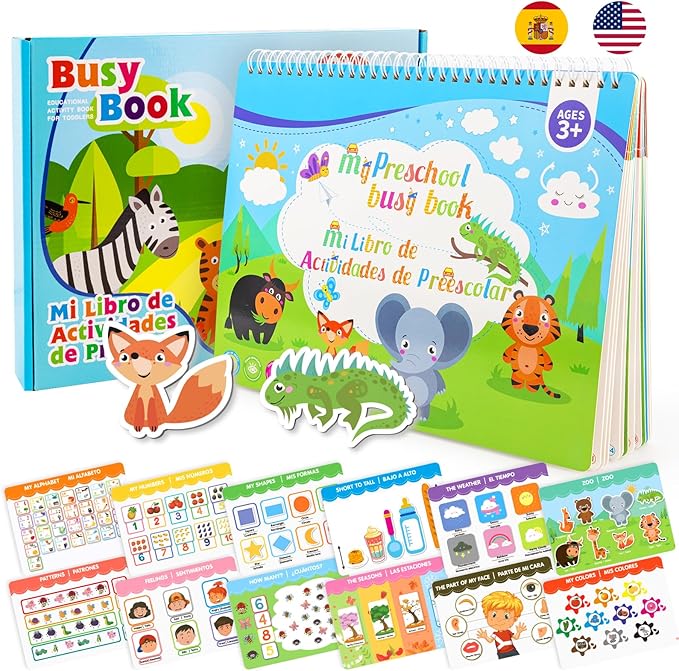Ayyomo Spanish & English Busy Books for Toddlers, Bilingual Preschool Activity Book for 3 4 5 Year Old, Kids Easter Basket Stuffers, Interactive Educational Learning Activities Birthday Gifts