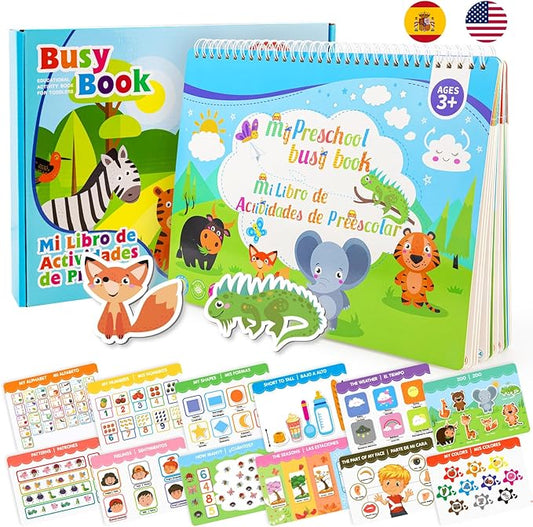 Ayyomo Spanish & English Busy Books for Toddlers, Bilingual Preschool Activity Book for 3 4 5 Year Old, Kids Easter Basket Stuffers, Interactive Educational Learning Activities Birthday Gifts