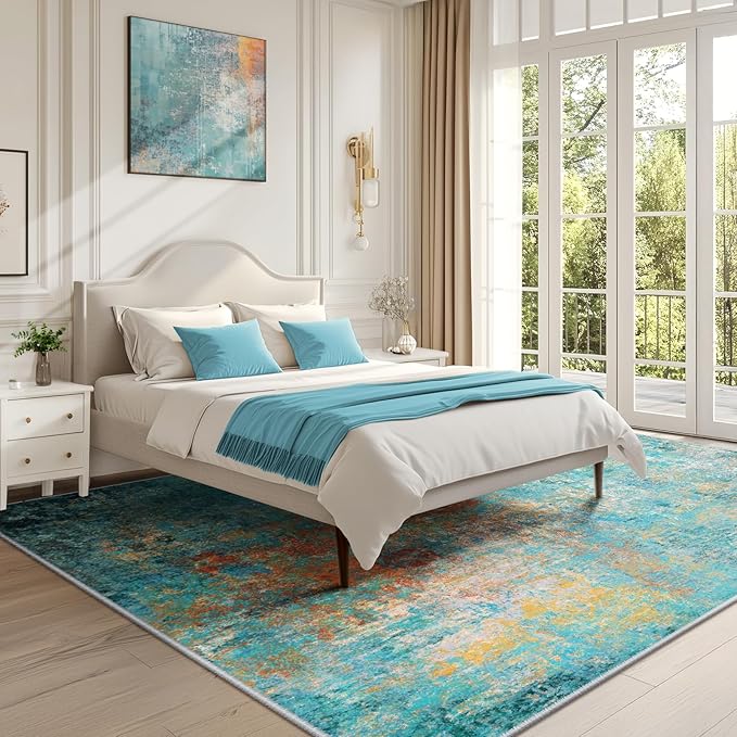 RELEANY Washable 7'x9' Abstract Area Rug for Living Room Teal Multi | carpet for bedroom, kitchen, office, hallway and entryway, printed pattern, non-slip, soft, stain-resistant, easy to clean