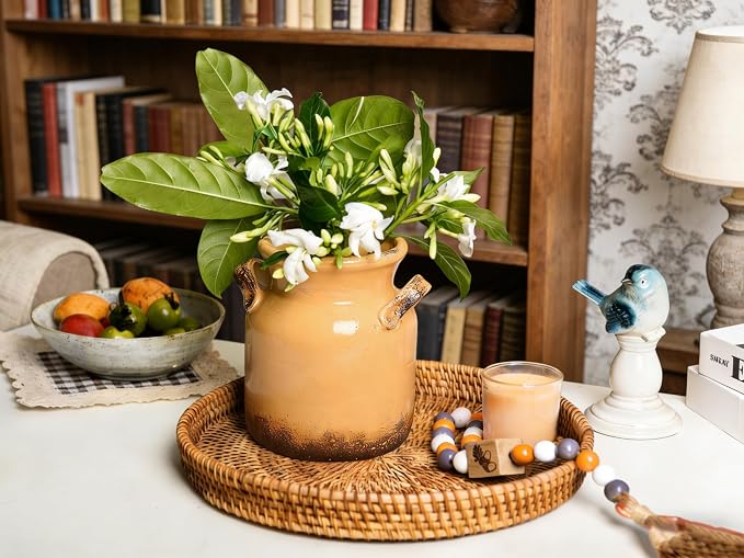 Quoowiit Ceramic Rustic Farmhouse Vase, Distressed Decorative Flower Vase for Home Decor, Ideal Shelf Decor, Yellow Boho Vases for Living Room Bedroom Kitchen Office Centerpiece Table Decorations