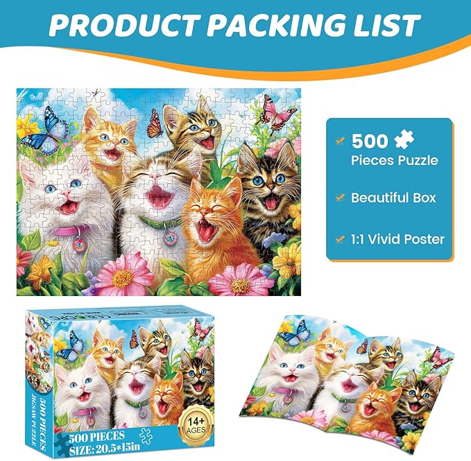500 Piece Puzzles for Adults, Laughing Cats Large Piece Jigsaw Puzzle for Adults Seniors,Recycled Cardboard Puzzle 500 Piece,Family Activity Great Gift for Family Friends 20.5 * 15 in