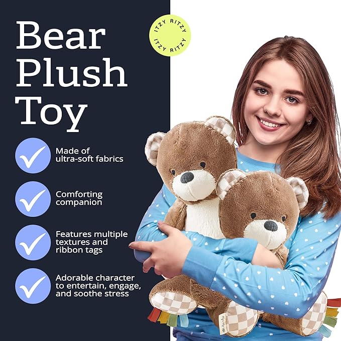 Itzy Ritzy Snuggles Plush Toy – Soft Stuffed Animal for Babies, Kids & Adults – Sensory Ribbons & Textured Fabrics for Tactile Play – Cozy & Cuddly Companion for Newborns & Up (Bear)
