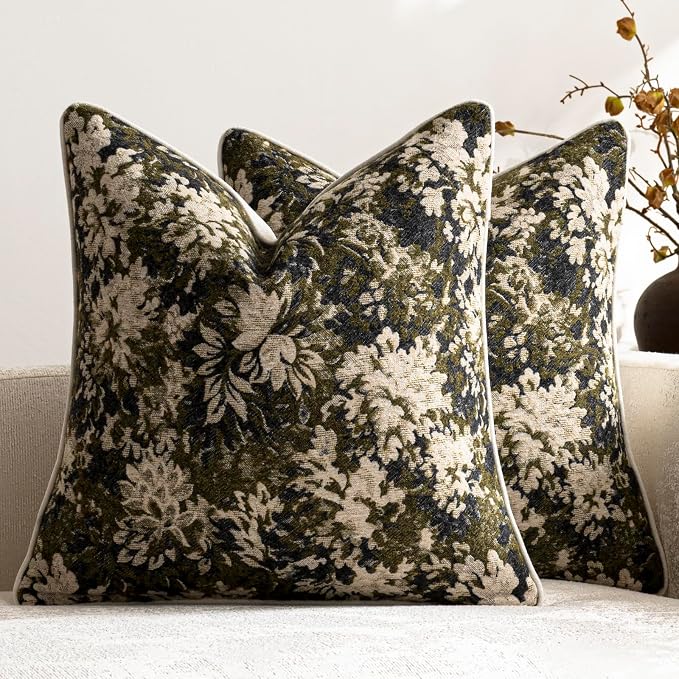 Pack of 2 Vintage Floral Throw Pillow Covers 16x16 Boho Farmhouse Accents Chenille Square Decorative Pillow Cases for Living Room Couch Bed Home Decor, Olive Green