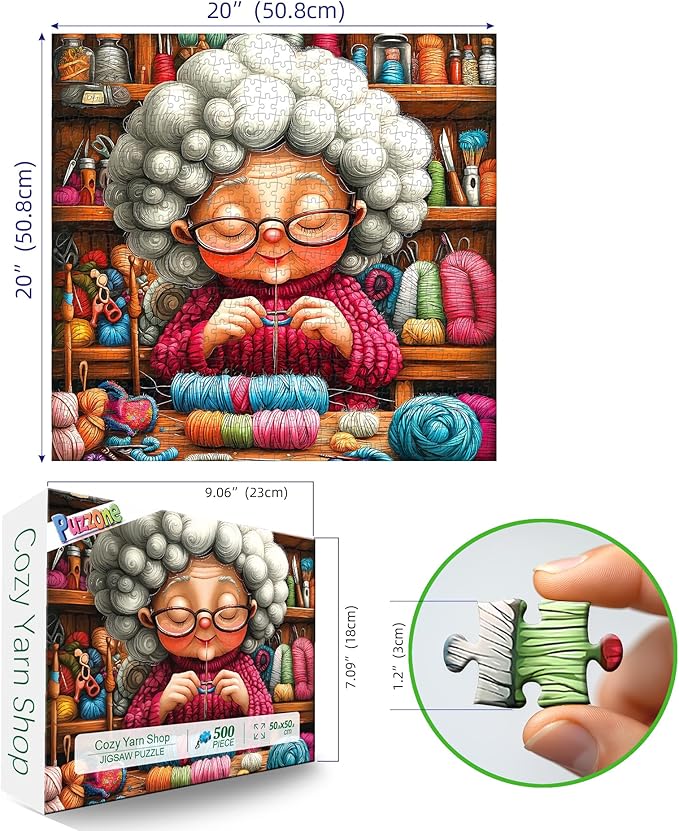 Funny Knitting Grandma Puzzles for Adults 500 Pieces Cozy Craft Room Colorful Yarn Sewing Machine Jigsaw Puzzle with Letters on Back Whimsical Cartoon Challenging Puzzles for Family Game Night