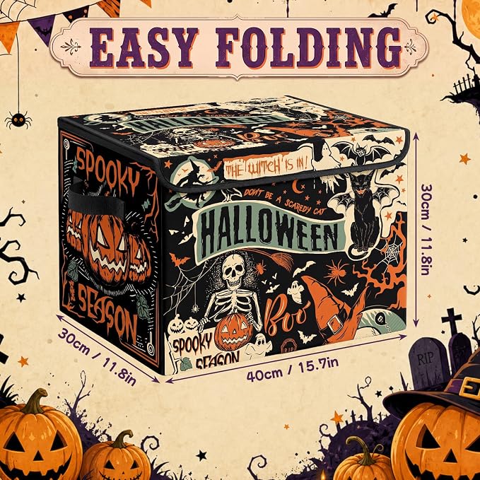 Briwooody Halloween Storage Bin with Lid and Carrying Handle Vintage Halloween Gothic Pumpkin Foldable Storage Box Large Bat Cat Decorative Collapsible Container Basket for Closet Home Bedroom Gift