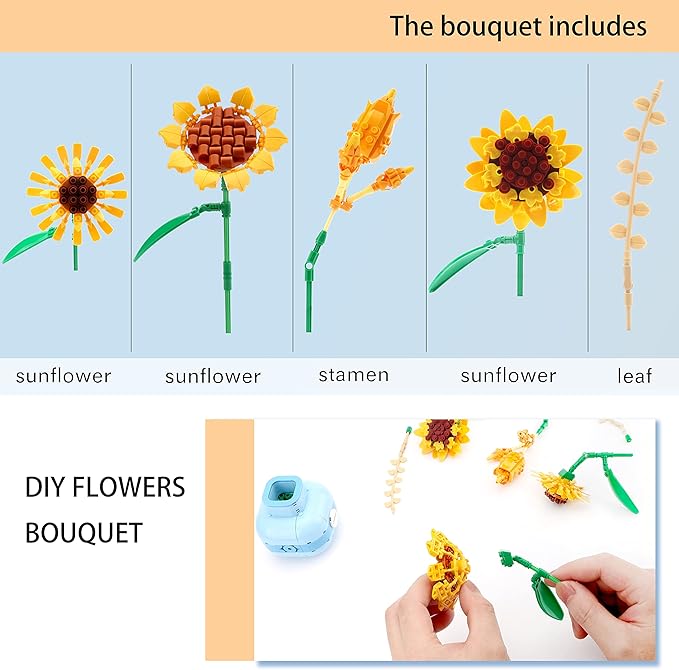 Sunflower Building Blocks Set Flower Bouquet with Vase for Adults Building Toys for Girls Boys Home Decor - 559PCS 12+