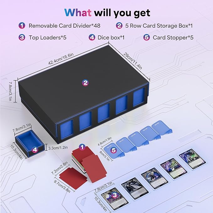 UAONO Trading Card Storage Box with Commander Display;3900+ Card Box for MTG, Removable Cover; 5 Row Case fits MTG TCG Sports Cards 48 Dividers,5 Stoppers,5 Top Loaders,1 Dice Box(Black, Blue)