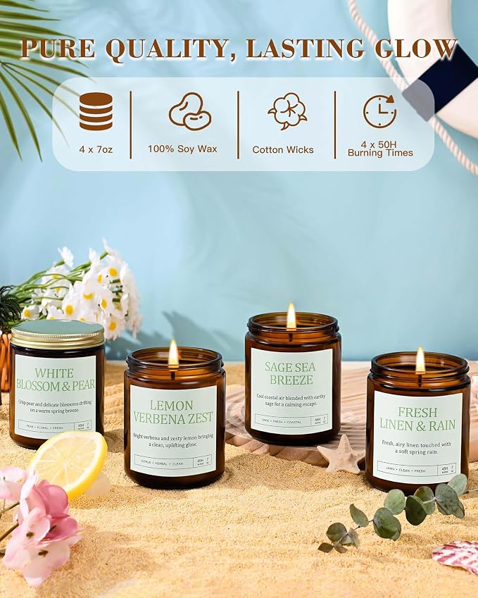 Scented Candles Gift Set, Long Lasting 4 Pack Aromatherapy Candles for Home | 200 Hour Burn, Fresh Linen & Rain, White Blossom & Pear, Lemon Verbena Zest, Sage Sea Breeze, Gifts for Women