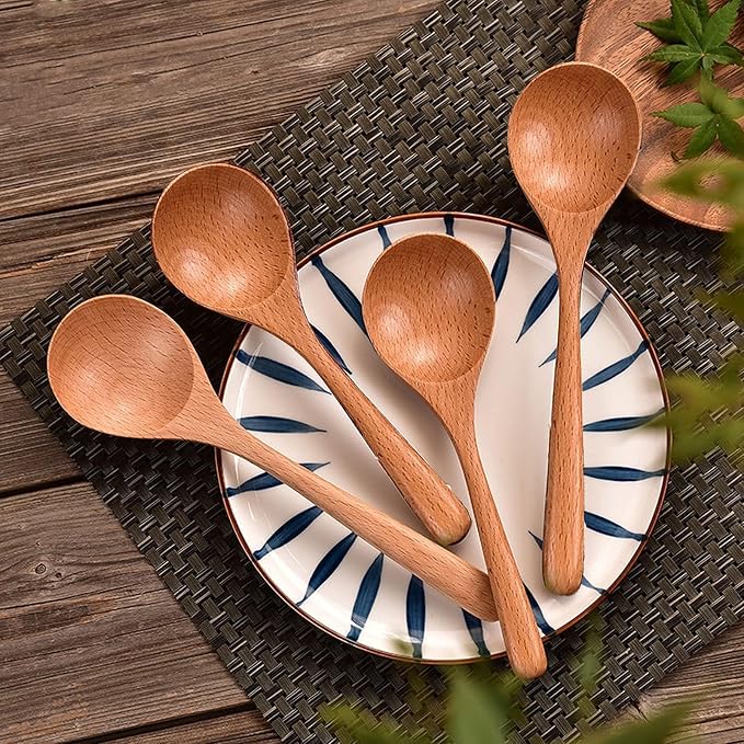Soup Spoons,5PCS Wooden Spoons for Eating Wood Long Handle Rice Dessert Cooking Tasting Dinner Table Spoon Soup Spoons Asian Soup Spoon (Wood)
