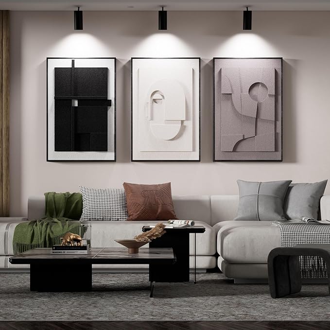 Thalasse Modern Abstract Wall Art Bedroom Framed 3D Earth Tone 16x24 In | Textured sculpture artwork, minimalist geometric cubist, home dining room, 3 piece set