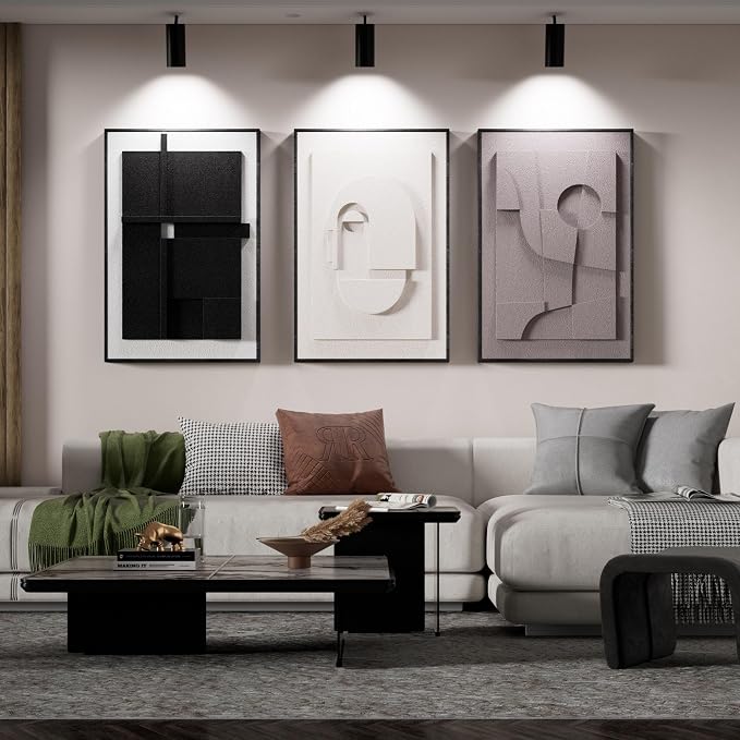 Thalasse Modern Abstract Wall Art Framed 3D Earth Tone 20x30 In | Textured sculpture artwork, minimalist geometric cubist, living room home office dining room, 3 piece set
