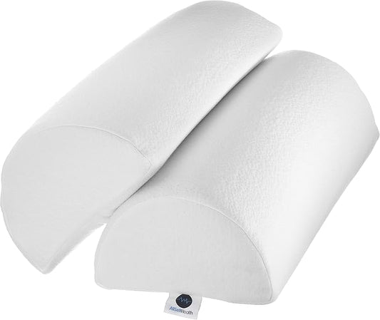 AllSett Health Half Moon Bolster Pillow for Legs, Back and Head (2 Pack) Semi Roll for Ankle and Foot Comfort with White Cotton Machine Washable Cover | Premium Memory Foam | 2 Pillow System