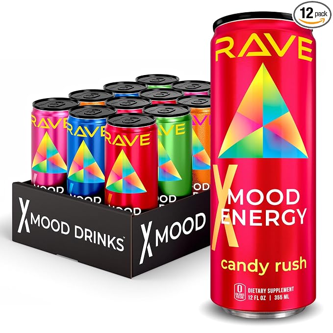 RAVE Mood Energy Drink is Mind Blowingly Different. With Mood-Boosting Functional Mushrooms, Nootropics, Adaptogens & B Vitamins. Experience Mind & Body Rush! 225mg Caffeine - Electrolytes - Zero Calories - 6 Delicious Flavors - 12 fl oz – 12 Pack