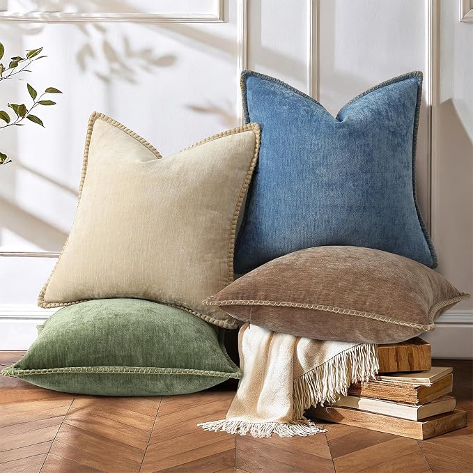 decorUhome Soft Chenille Throw Pillow Covers 12x20 Set of 2 Brown | Fall Textured Decorative Throw Pillow Cases Stitched Edge Modern Farmhouse Luxury Boho Velvet for Couch Sofa Bed Home Decor