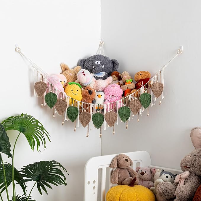 Pretty Jolly Macrame Stuffed Animal Hammock with Beads Hand Woven Leaf Tassels Corner Hanging Net Boho Plush Holder for Kid Room Nursery Decor Organizer for Girls Gift(AvocadoGreen & Milkcoffee)
