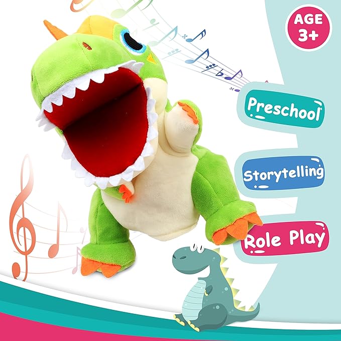 Cuteoy Plush Green T-Rex Hand Puppet Stuffed Animal Toy Open Movable Mouth Creative Role Play Storytelling Dinosaur Plushies Gifts for Kids Toddlers Birthday Christmas
