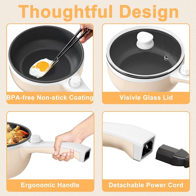 Dezin Electric Pot, 1.5L Non-Stick Portable Hot Pot Electric Upgraded, 700W | Dual Power, Electric Pot for Cooking Steak, Egg, Oatmeal, Mini Ramen Cooker for Dorm, Travel, Camping, RV, Office, Beige Pan