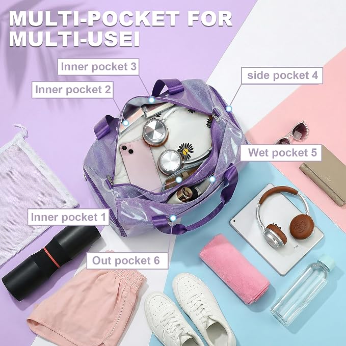 Gym Bag Sports Duffle Bag with Wet Pocket Weekender Overnight Bags with Waterproof Shoe Pouch and Air Hole for Girls Kids Women Workout Travel Bags (Purple)