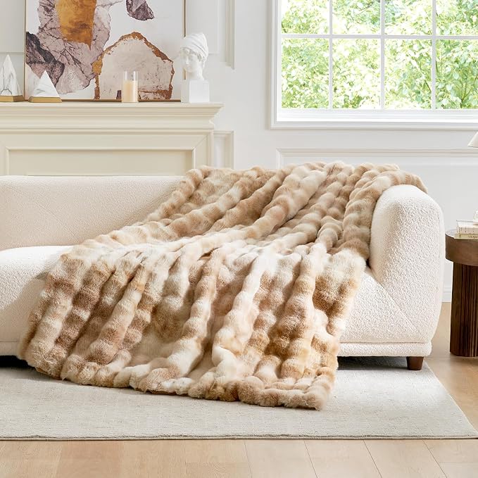 Cozy Bliss Faux Fur Throw Blanket for Couch, Fuzzy Soft Plush Thick Bubble Blanket for Sofa Bedroom Living Room, 50 * 60 Inches Tie-dye Beige