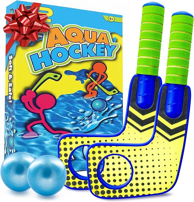 Fun Mini Hockey Sticks Game - Play at the Pool & Beach or in Home - For Kids & Adults All Ages - Use The Floating Soft Paddles to Shoot the Water Skipping Balls - Comes With 2 Sticks & 2 Balls
