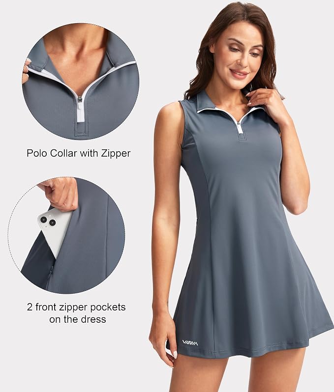 Viodia Women's Tennis Golf Dress with Shorts | Active, Exercise, Workout, Sports, Athletic, Dresses for Women, with Zipper Pockets